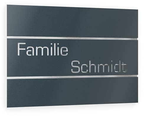 Graviers Design Plaque Numéro de Maison et Nom | Lettres personnalisables | 380 x 264 mm Gris Anthracite RAL 7016 | Acier inoxydable | Fabriqué en Allemagne