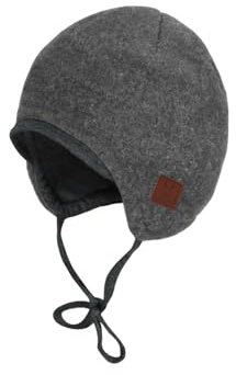 maximo GOTS Baby-Mütze,Wollfleece kbT Jerseyfutter KBA, Bindeband Made in Germany 41 mittelgraumel./carbonmel.-schw