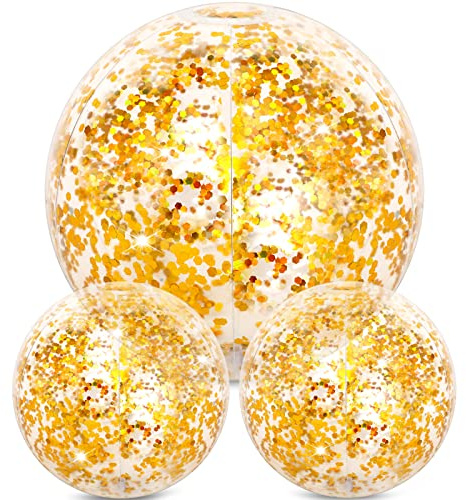 Hsei 3 Pcs Inflatable Beach Ball 16 Inch Glitter Summer Swimming Pool Disco Balls with Confetti Floatable Blow up Toys Decorations for Beach Wedding Outdoor birthday Party Favor(Gold)