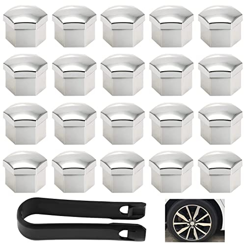 N/S MoK 20 Pièces Cache Ecrou 17 mm, Ecrou Couvre avec Outil Demontage, Écrou de Roue de Jante Cache, pour Voitures, Capuchon de Protection de Ecrou (Argenté)