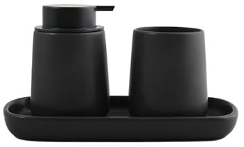 MSV - Lot de 3 Accessoires de Salle de Bain en céramique Maonie - Set Salle de Bain Design avec Distributeur de Savon - gobelet et Plateau Multifonction – Collection élégante et Tendance - Noir Mat