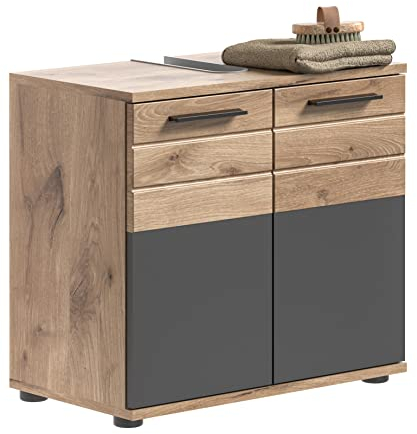 Newroom Waschbeckenunterschrank Eiche Basalt Grau Badschrank Industrial Modern - 60x56x34 cm (BxHxT) - Standschrank Badezimmermöbel - [Doyle.Two] Bad Badezimmer