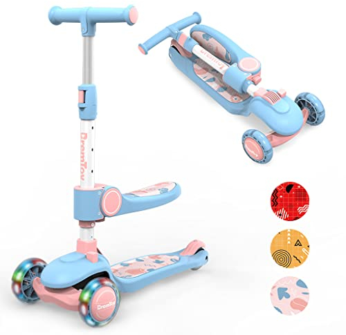 BremToy Monopattino Bambini con Sedile, Monopattino Pieghevole con 3 Ruote LED Luce, Altezza Regolabile per Bambini 2-8 Anni, Carico 50 kg, Blu + Rosa