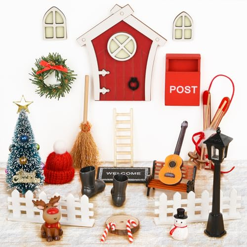 Uuams Wichteltür Set, 35PCS Wichtel Zubehör, Wichtel Baustelle, Geschenke für Mädchen Junge, Wichteltür Komplettset mit Feentür, Briefkästen, Stiefel, Leiter, Weihnachtsbaum