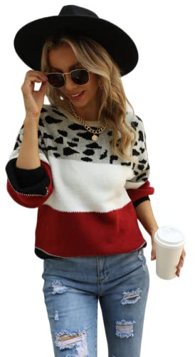 HEYPORK Damen Herbst Winter Warm Bequem Pullover Casual Mode Strickjacke Strickpullover Frauen Winter Patchwork Leopard Druck Rundhalsausschnitt Pullover Pullover Stricken