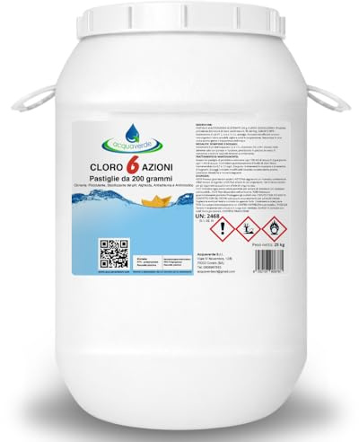 acquaverde | Cloro 6 AZIONI in Pastiglie da 200 grammi, 25 kg di NUOVO Multiazione per Piscina, Trattamento acqua: Clorazione, Alghicida, Flocculante, Stabilizzante del Ph, Antischiuma, Antimicotico