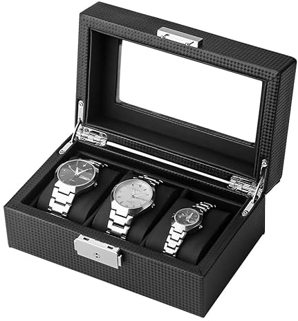 SHYOSUCCE 3 Slots Watches Storage Box with Clear Glass Window, Removable Velvet Pillow, PU Leather Watches Display Box, Black