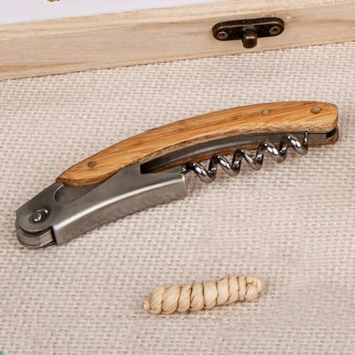 Doni Bomboniere Matrimonio 4PZ Cavatappi in Legno E Metallo Partecipazioni Nozze Pensierino Utili Anniversario Laurea 18Esimo Cucina con Elegante Scatola Omaggio Idee Regalo Complete Originali