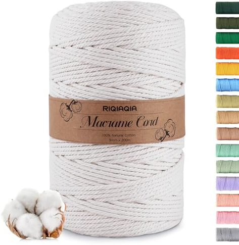 Riqiaqia Premium Makramee Garn 3mm x 200m, 100% Natürliche Baumwolle, Baumwollkordel Natur 3mm, Baumwoll Bastelschnur für Basteln Stricken Boho Deko Wandbehang Dekoration