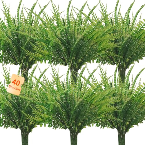 Coreland 40 Pcs Artificial Boston Fake Fern Plants Bushes Faux Plants Shrubs Greenery UV Resistant for House Office Garden Indoor Outdoor Décor