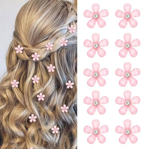 Mezrkuwr 10 pièces de minis barrettes à cheveux roses avec strass, charmantes pinces à cheveux, épingles à cheveux fleuries, barrettes décoratives, barrettes de mariage, accessoires capillaires