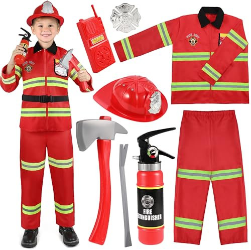 INNOCHEER Feuerwehrmann Kostüm für Kinder mit Zubehör - Feuerwehr Verkleidung für Karneval, Halloween, Fasching - Rollenspiel für Jungen und Mädchen