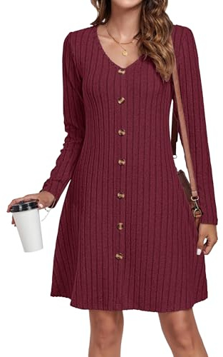 AUSELILY Herbstkleid Damen Strickkleid Dekorative KnöPfe Leichte Langarm Kleid Herbst Winter V-Ausschnitt A Linien Pulloverkleid Winterkleid Elegant Weinrot S