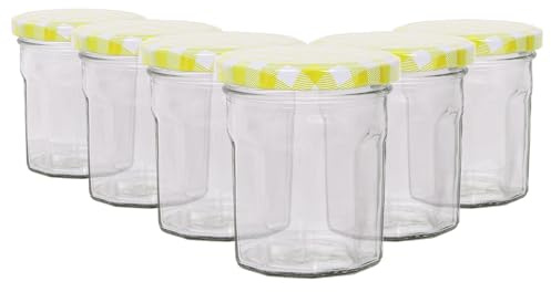 6X 150ml Marmeladengläser aus Glas mit Gelbe Gingham-Deckel - Leer Schraubverschluss Küche Essen Honig Würzen Konservieren Einmachen Lagerung Gefäß-Set - Von Argon Tischware