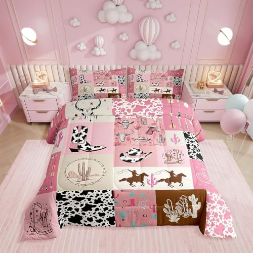Erosebridal Western Bedding Queen for Girls Kids Western Cowgirl Boots Hat Decorations Comforter Set, Boho Bull Skull Head Bedding Comforter Sets Cute Milk Cow Print Cactus Quilt with 2 Pillowcases