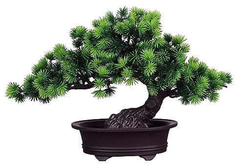 Kunstbonsai Naturgetreue Künstliche Pflanze Kunstbaum Bonsai Zeder Kiefer Podocarpus Plastik Pflanze Kunstpflanze Mit Keramik-Übertopf In Schwarz for Baddeko Desktop Büro Fensterbank