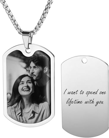 MeMeDIY Collana con Ciondolo Fotografico Personalizzato Incisione Nome/Data/Testo per Uomo Donna Collana Commemorativa Gioielli in Acciaio Inossidabile Regalo per Fidanzato -D2