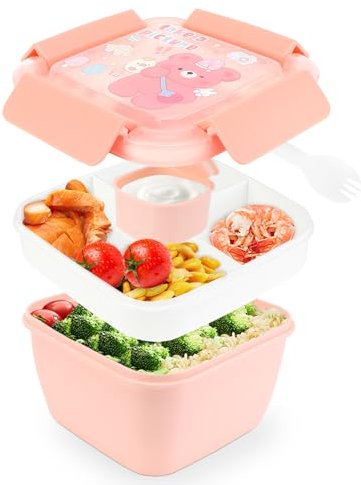 Farerkass Porta Pranzo, 1100ml Lunch Box, Bento Box con 3 Comparti, contenitore pranzo per Bambini Adulti, Portapranzo con Posate per scuola, picnic, ufficio (Rosa)