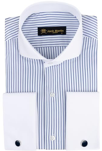 Chemise à manchettes françaises pour homme avec col coupé | Boutons de manchette inclus | Chemise de luxe à manches longues boutonnée pour homme, Bleu marine rayé, Taille M