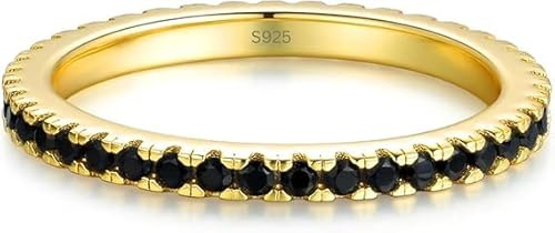 Lisandra Scott Eternity Ring Silber 925 mit Schwarzen Zirkonia Kristallen Damenring 2mm breit in Gold für Damen und Frauen Schmal mit Steinen in Schwarz (Gold, 62)