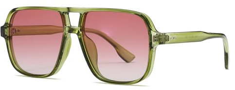 Long Keeper Retro Pilot Sonnenbrille Pilotenbrille Herren Damen Quadratisch Sonnenbrille Groß 70er Klassisch Eckige Pilot Retro Brille UV400 (Grün Rahmen - Farbverlauf Rosa Linse)
