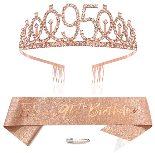Or Rose 95th Anniversaire Couronne et Écharpe Fille 95e Anniversaire Décoration Strass Anniversaire Tiare Princesse Couronne Queen Tiara Anniversaire Écharpe Filles 95 Anniversaire Décoration Fête