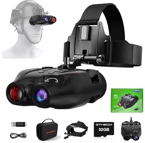 Gafas de visión nocturna montadas en la cabeza, prismáticos de visión nocturna manos libres, visión infrarroja digital recargable, captura de fotos y videos para airsoft, caza, con tarjeta TF de 32 GB