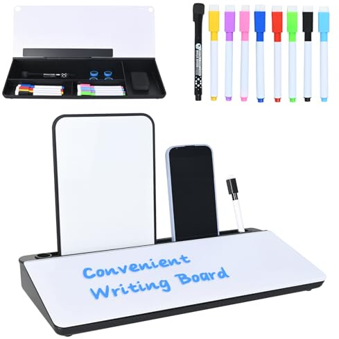 Hivexagon whiteboard i glas för skrivbord med 4 fack, plats för telefon/surfplattehållare + extra magnetisk mini whiteboard och tillbehör, perfekt för memos och att göra-listor