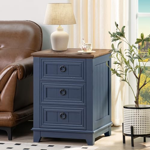 LELELINKY Farmhouse Nightstand, 16 Inch End Table with 3 Drawer Metal Handle, Dresser for Bedroom, Sofa Bed Side Table Chest of Drawers, Wood Night Stand Cabinet for Organizer, Living Room -Blue