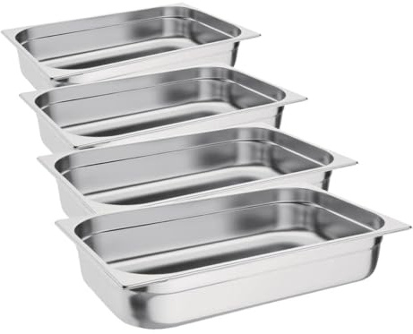 Vogue Gastronorm Pan 1/1, Stainless Steel Tray, Depth: 100 mm, Capacity: 13.5 litres, Hot and Cold Food Storage Container, Bain Marie Compatible, Lid Sold Separately, K923 (Pack of 4)