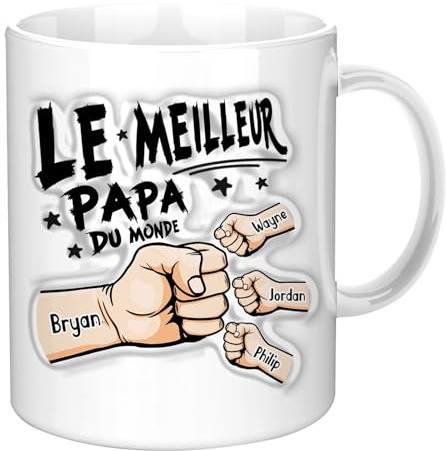 VEELU Mug Personnalisé Prénom Cadeau Fete des Peres - Tasse Le Meilleur Papa Papy avec Nom des Enfants - Papi Original Grand Pere