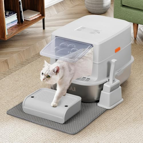 BAKAJI Lettiera per Gatti XXL con Base in Acciaio da 36 Litri e Pedana Anti Sabbiolina, Filtro al Carbone Anti Odore, Sportellino Trasparente, Paletta con Contenitore, Tappetino Antisporco 58x42x40cm