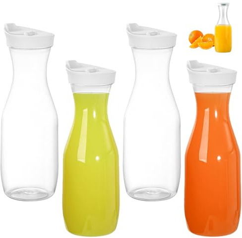 Wasserkaraffe Plastik, 4er Set 1L Kunststoff PET Wasserkrüge, Wasserkaraffe mit Deckel, Unzerbrechlicher Getränkekrug, Kunststoff Saftgetränkebehälter, für Kaffee, Eistee, Wein(Rund)