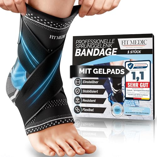 FIT MEDIC® Premium Sprunggelenkbandage mit Gel-Pad | Medizinische Fußbandage stützend & einstellbar | Unisex Knöchel-bandage für Sprunggelenk Sport&Alltag Achillessehne Knöchelschutz gegen Überlastung