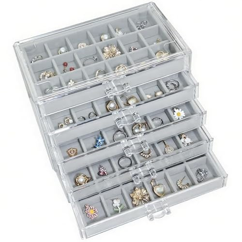 Kongming Boîte à bijoux en acrylique à 5 niveaux avec 5 tiroirs en velours - Organiseur de bijoux avec plateaux amovibles pour rangement de bijoux, colliers, bagues, boucles d'oreilles - Gris