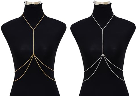 DGHEGDUI 2 Piezas De Cadenas Corporales De Doble Capa, Collares Simples En Forma De Y, Cadenas De Cintura De Playa De Verano, Decoraciones Sexys para El Cuerpo Femenino (Dorado, Plateado).