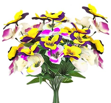 Rravdst Artificial Pansies 10 Bundles, Outdoor UV Resistant Faux Flowers for All Seasons, Realistic Fake Plastic Plants for Window Box, Hanging Basket, Porch, Garden Decor (Yellow&white)