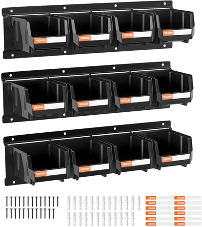VEVOR Bac à Bec Mural 12 PCS Bacs de Rangement Empilables Suspendus avec 3 Rails Métalliques, Boites de Rangement en Plastique pour Vis, Écrous, Boulons, Quincaillerie, Outils Atelier, Garage, Noir