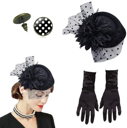 Snyvpra 3 Stück Fascinator Damen Schwarz Hut 50er Jahre Retro Stil Hüte für Damen Elegant Vintage Fascinator Set mit Handschuhen und Ohrringen für Hochzeit Party Teekleid