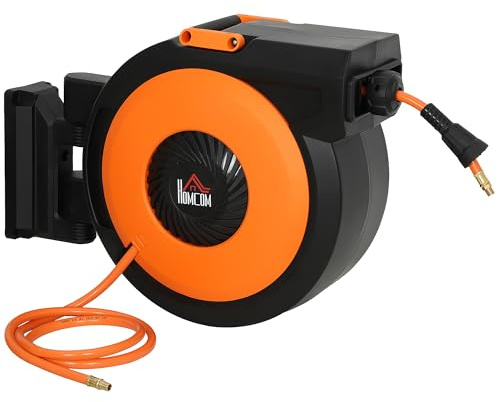HOMCOM Retractable Air Hose Reel, Wall Mounted Air Compressor Hose Reel with Swivel Bracket, Auto Rewind, 3/8 in x 82 ft, 6.6 ft Lead in, 300 PSI, Air Coupler, Black and Orange