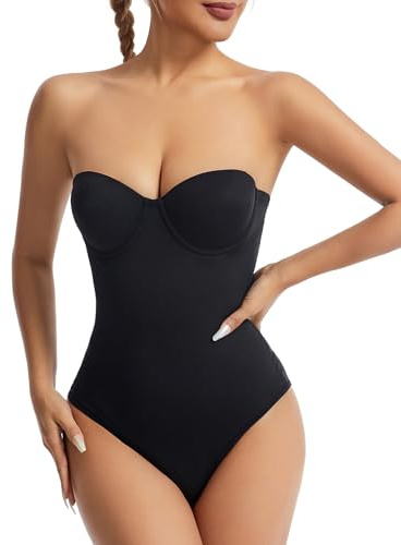 FEOYA Body modellante da donna per controllo della pancia, senza spalline, body modellante con reggiseno modellante e spalline rimovibili, schiena bassa, gilet dimagrante, Nero , M