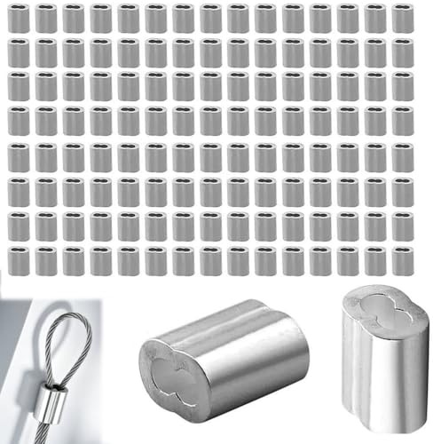 200 Pcs 2mm Duplex Double Barrel Aluminium Crimp Ferrules Anti-Slip Wire Rope Crimp Sleeves Corrosion Resistant Fasteners for Fishing Picture Hanging Garden Shade Sail Outdoor DIY Rigging | 5/64 aluminum crimping loop sleeve for cable line end