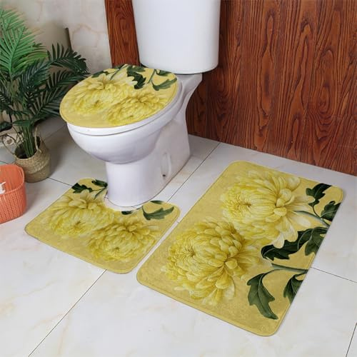 Badezimmerteppich Set 3 Teilig Gelbe Blumenblätter WC Teppich Schnell Trocknend Badvorleger rutschfest Badgarnitur 3 Teilig Stand WC Waschbar Bad Teppiche Set Dekoration 50x80 cm