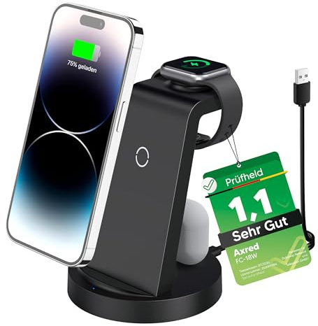[Test SEHR GUT, Note 1.1] AXRED FC-18W 3-in-1 Wireless Charger Phone Stand Qi Induktive Ladestation Kabelloses Schnellladen Ladegerät Ständer Kompatibel mit Apple iPhone, Watch, AirPods & Samsung