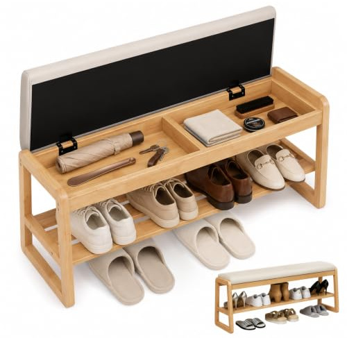 BaoBaJiu Massivholz Schuhbank mit PU-Leder Sitzkissen (Graues pad, 100cm) | Schmaler 2-Ebenen Flur Schuhschrank, Versteckter Stauraum für einen ordentlichen Eingangsbereich