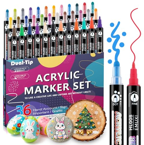 TOVIKI 36 Colores Rotuladores Acrilicos – Marcadores Doble Punta Resistente al Agua para Pintar Piedras Madera Cerámica Vidrio Tela Lienzo, Ideal para Artesanías
