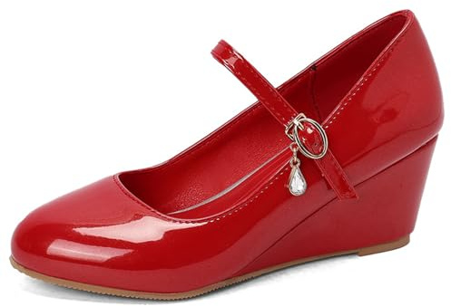 Qynthra Scarpe da Ufficio con Punta Tonda Tacco a Cuneo Cinturino con Fibbia in Pelle Verniciata Scarpe da Lavoro Outfit Comode Slip On Tacchi Eleganti per Lavoro in Ufficio,Rosso,45 EU