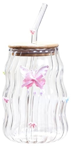ZYOMVUN Vaso Cristal con Tapa y Pajita Reutilizable, 500 ml Elegante Vasos de Cristal Bow, Ondulados Estilo Vintage, para Café, Yogur, Soda, Cocktail, Cerveza, Batidos, Whisky