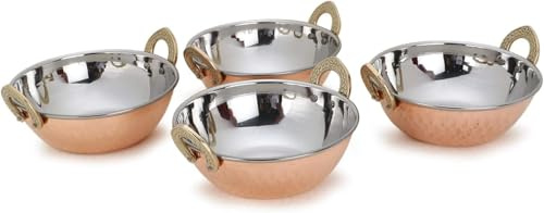 Avs Stores®, indisches Karahi-Kupfer-Serviergeschirr, Schüsseln für Gemüse / Abendessen, mit massivem Messing-Griff, für indische Speisen, Durchmesser 15 cm, 4er-Set