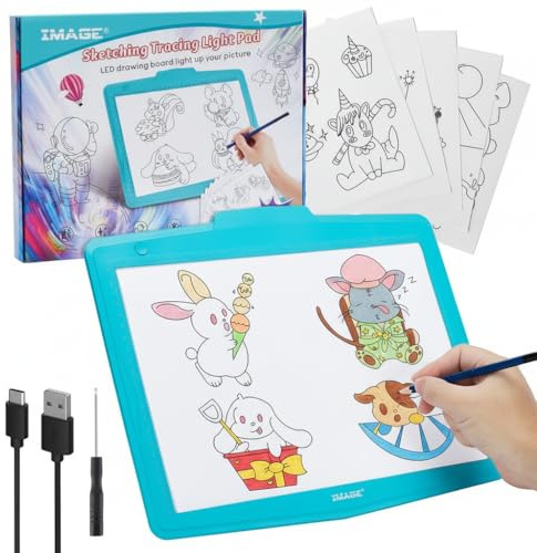 IMAGE A4 LED Tracing Pad for Kids, Rechargeable Light Up Drawing Tablet Board Children Portable Art Christmas Gift for Boys Girls Ages 6+(with 10 Traceable Sheets), Durable & Fun Creative Toy(Blue)